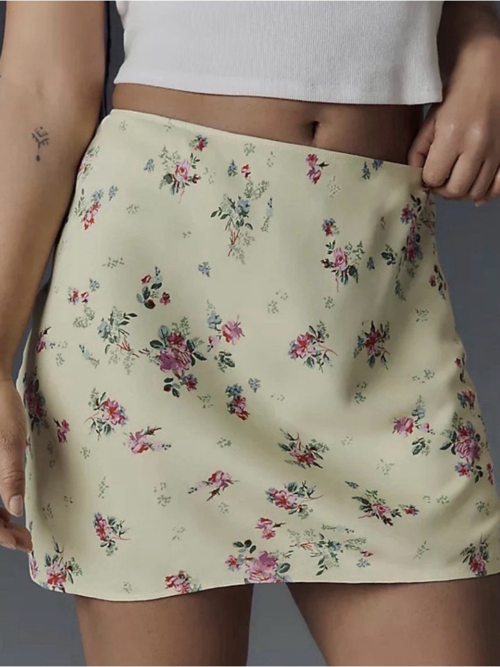 Anthropologie Tilda Yellow Mini Skirt with Pink & Green Floral